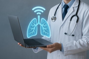 Digital health concept showing doctor with stethoscope and remote diagnostics via hologram