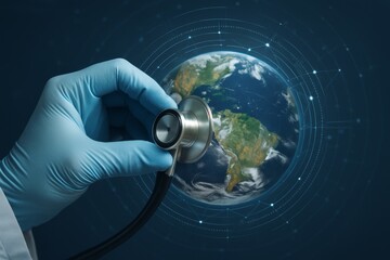 Global healthcare concept with hand in glove examining Earth using advanced digital technology