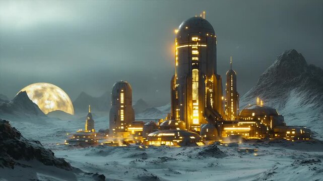 Futuristic snowy outpost glows under a large moon
