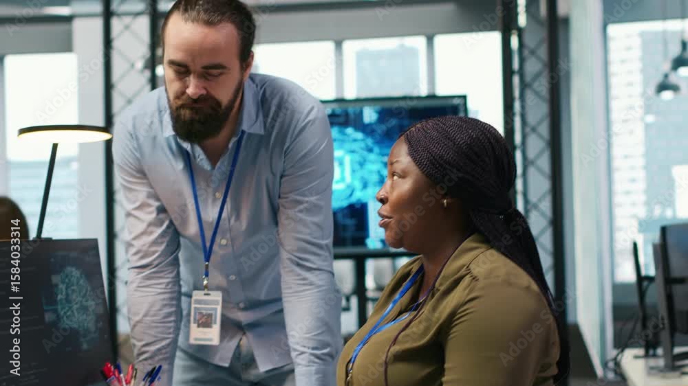 Poster pleased startup office manager applauding female programmer for optimizing code using ai. satisfied 