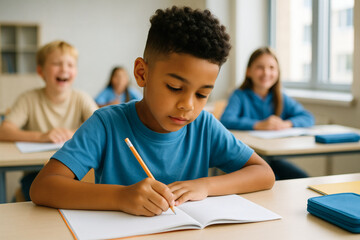 Focused African American Boy Writing in Classroom
