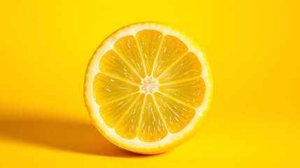 The vibrant yellow surface highlights the lemon slice, a refreshing and bright citrus fruit, creating a lively and energizing composition showcasing its juicy texture and natural beauty in detail.