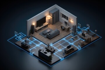 3D isometric view of smart home layout.  Digital lines highlight connections