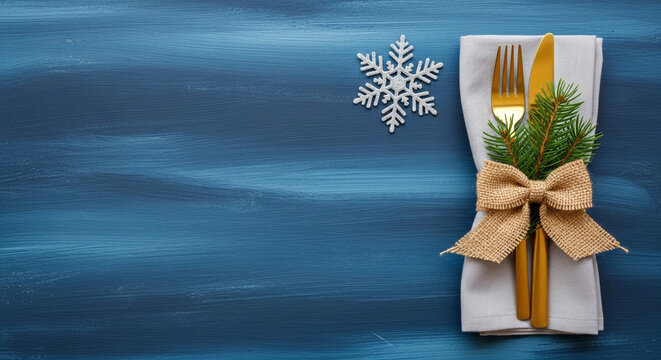 A beautifully wrapped gift adorned with a snowflake and golden bow on a blue background, perfect for representing winter season gifting or special celebrations