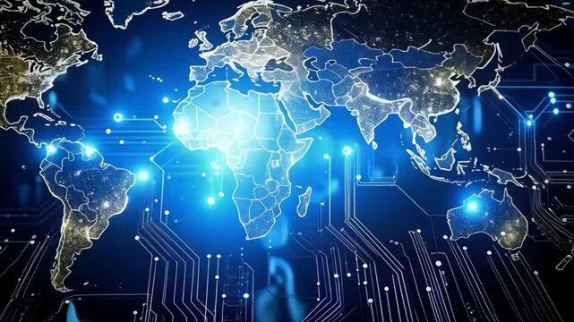 Illustrated World Map with Glowing Cities and Blue Outlines on a Dark, Circuit Board Background Depicting Global Interconnectivity