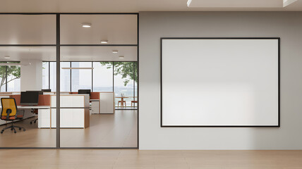 Modern office interior featuring an empty frame ready for artwork, glass walls, minimalist design, and bright, professional workspace.