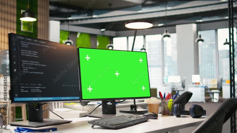 Poster Green screen PC display on startup office desk showing programming languages written by developers. Mockup computer in company workspace used for code testing and quality assurance