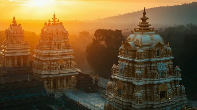 Golden sunrise illuminates ornate twin temple towers