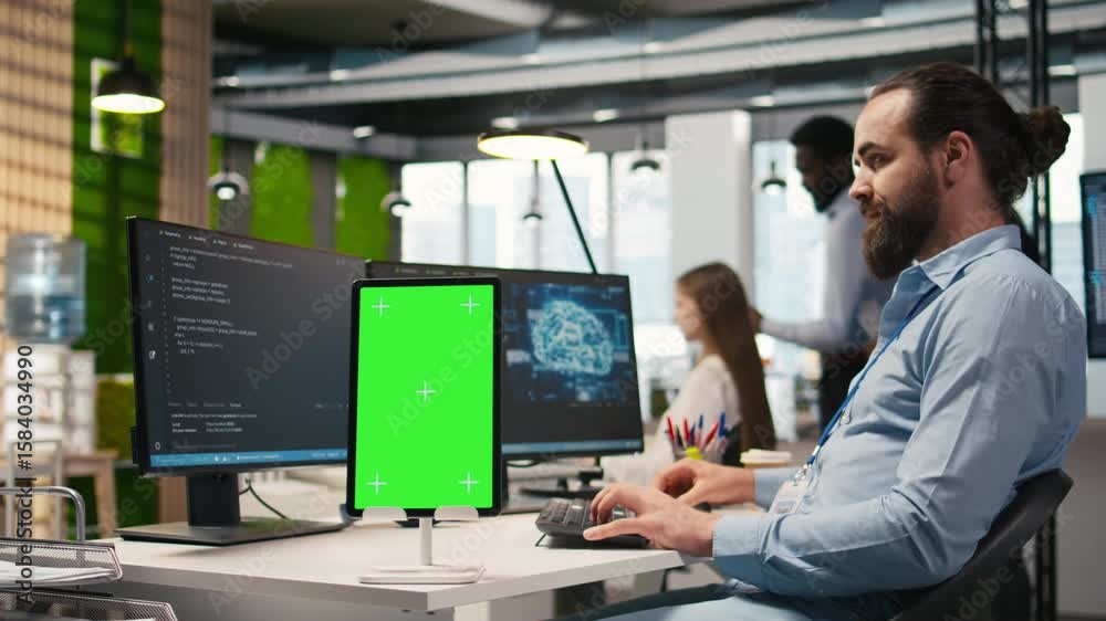 Poster startup technician using isolated screen tablet, developing artificial intelligence models for busin