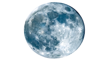 Detailed blue and white textured moon with craters and glowing light effects isolated on a transparent background