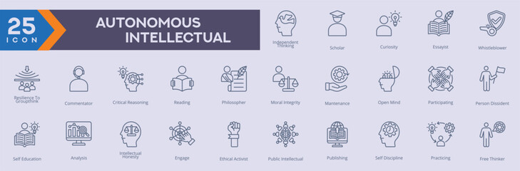 Autonomous Intellectual icons collection vector images in outline style.
containing several independent thinking, scholar, curiosity, essayist, whistleblower.
for Web and Application icons.