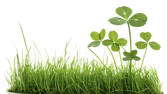 Four leaf clovers and green grass blades with dew drops isolated on a transparent background lucky clover