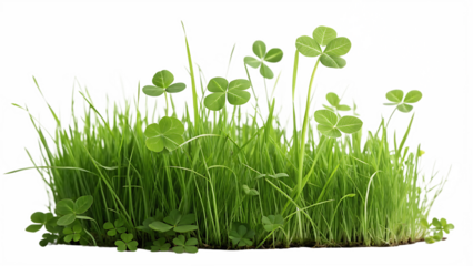 Lush green grass and clover plants with colorful abstract light burst isolated on a transparent background