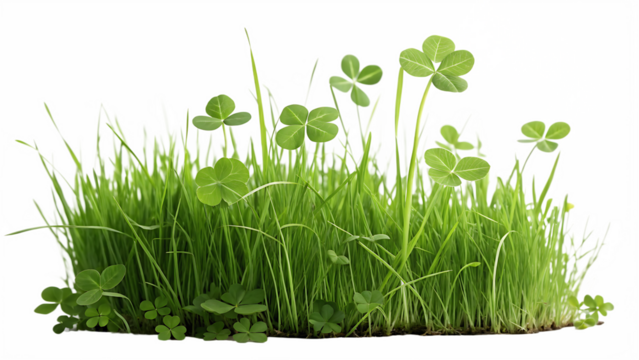 Lush green grass and clover plants with colorful abstract light burst isolated on a transparent background
