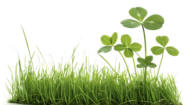 Lush green grass and clover plants with four leaf clovers isolated on a transparent background shamrock