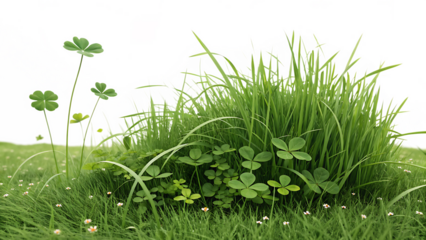 Lush green grass and clover plants with small white flowers in a field isolated on a transparent background