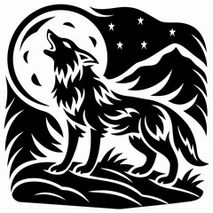 Fototapeta premium Silhouette of a Howling Coyote Under the Light of a Full Moon in the Desert