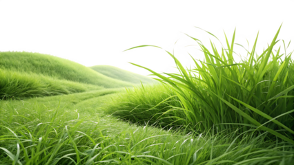 Lush green grass blades swaying gently on rolling hills with abstract colorful highlights isolated on a transparent background