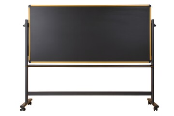 A black chalkboard with a gold trim on a black metal stand with wheels against a white background