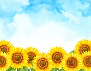 Fototapeta premium 夏の青空とひまわりの水彩イラスト