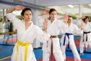 Women in white kimono in self-defense training, practicing punches and kicks. Women in karate...