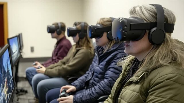 Individuals engrossed in a virtual reality experience, using headsets and controllers, seated in a row