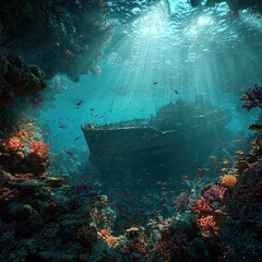 "Sunken Pirate Ships in Crystal Clear Waters with Cinematic Lighting"

