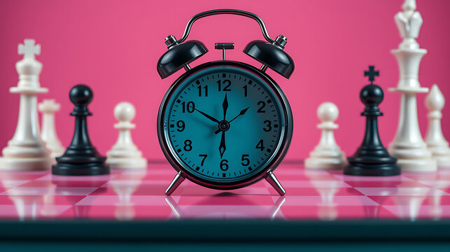 A still life showcases an alarm clock set against a pink backdrop, surrounded by chess pieces on a chessboard, depicting themes of strategy, planning, and time management with classic pieces.