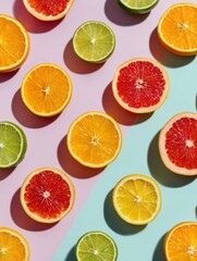 Obraz premium Citrus Fruits Arranged in a Vibrant Geometric Pattern With Soft Pastel Background for a Refreshing Display