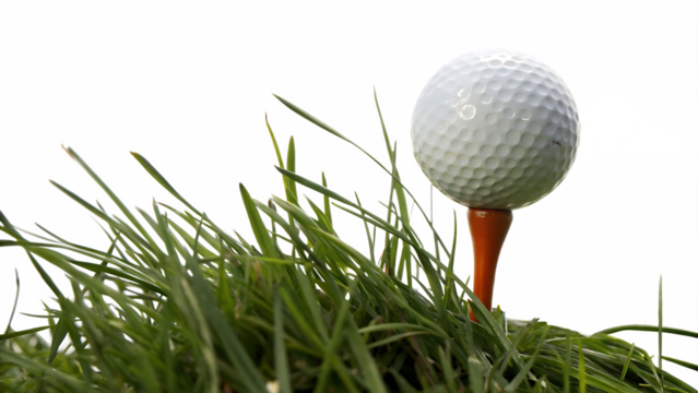 White golf ball resting on an orange tee in green grass with abstract colorful background isolated on a transparent background