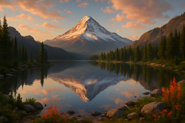 Serene Reflection of Mountain at Dusk
