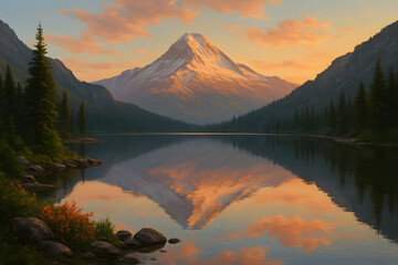 Serene Reflection of Mountain at Dusk