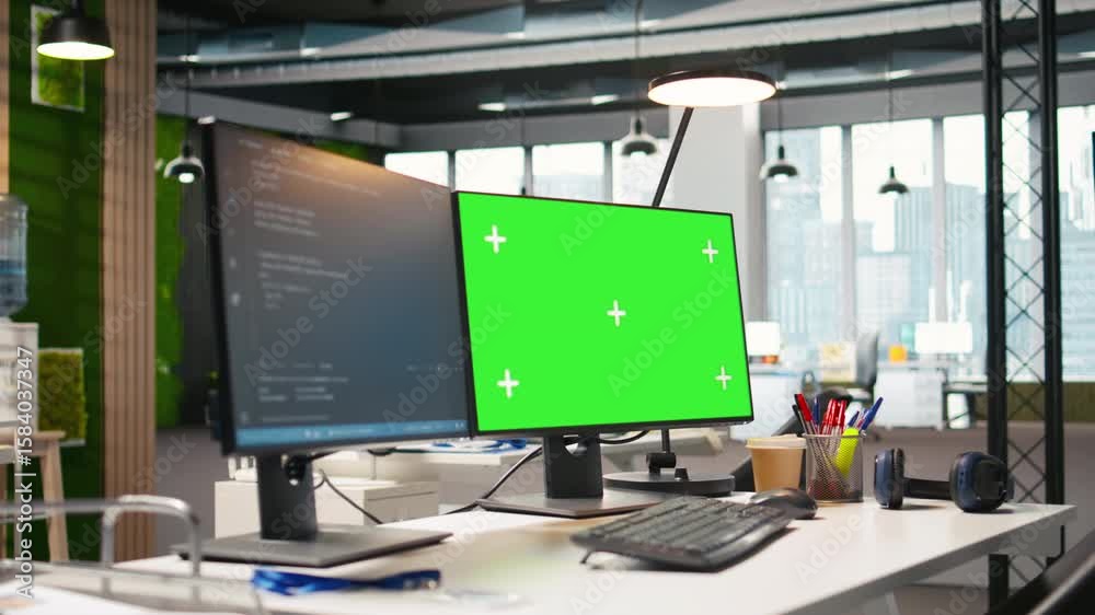 Poster green screen computer display in modern startup office displaying code snippets in various programmi