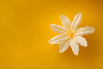 Fototapeta premium Top view of a single white flower on a solid yellow background with empty space on the right, ideal for web banners, floral designs, or minimalist nature-themed layouts.