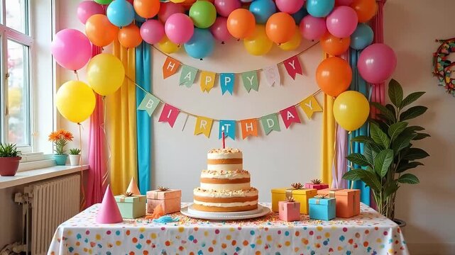 Cheerful birthday scene featuring a cake, colorful balloons, and presents for a festive celebration