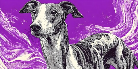 Artistic Black and White Greyhound Sketch with Vibrant Purple Background
