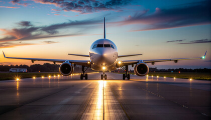 Lone aircraft taxiing with illuminated path at dusk under a twilight sky.