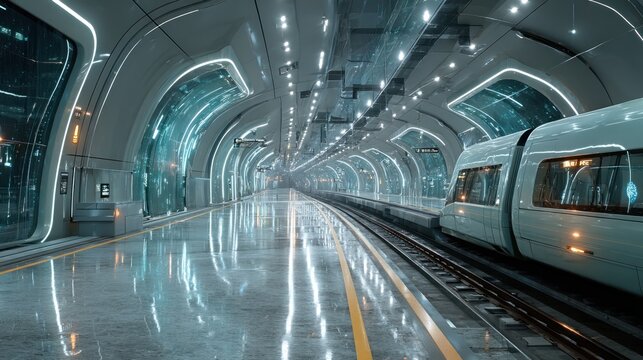 Futuristic metro station platform with high speed train waiting to depart