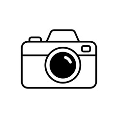 A black  white line art drawing of a camera including lens flash  shutter