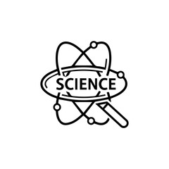 A blackwhite science logo Science text in an oval surrounded by atommagnifying glass