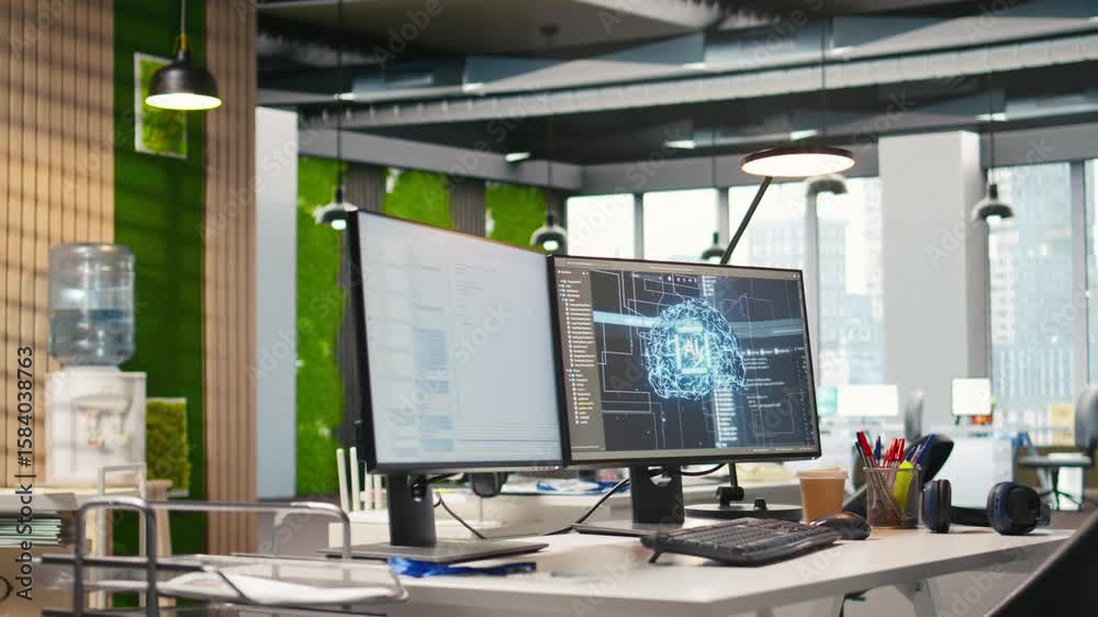 Poster empty startup office with artificial intelligence program running on pc monitors used by programmers