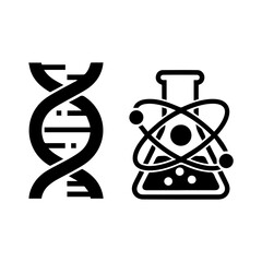 A DNA double helix and an Erlenmeyer flask with an atom symbol inside
