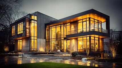 Modern home with extensive glass windows at night.