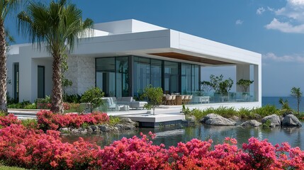 Luxurious modern house with a tranquil outdoor setting.