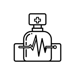 A stylized illustration of a medical monitor displaying a heart rhythm topped with a cross symbol
