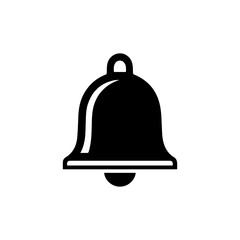 A stylized solid black bell with a rounded clapper hangs against a white background