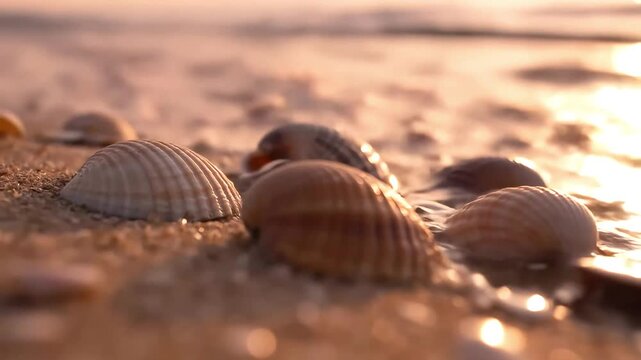 Colorful shells scattered on a sandy beach at sunset create a serene natural landscape scene