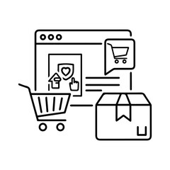 Black and white vector illustration of an online shopping scene with a cart box and website screen