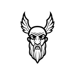 Black and white Viking head with winged helmet and long beard