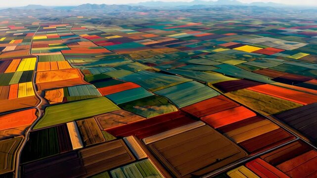 Aerial View of Colorful Patchwork Farmland with Diverse Fields Under Clear Sky in Scenic Landscape